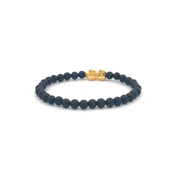 18K Gold Pixiu Piyao Bracelet Mini Gemstones Matte Onyx 4mm Elastic Bracelet - Picture 4 of 6